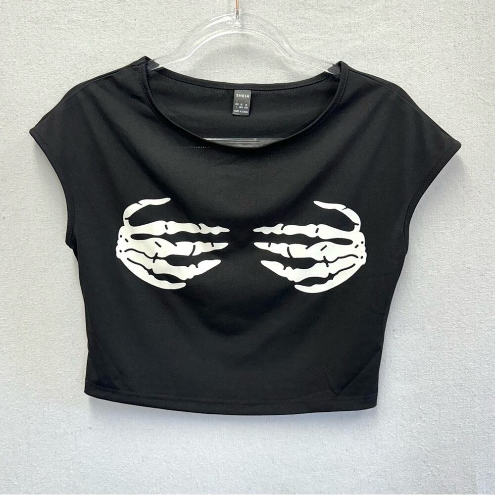 Shein skeleton hand print dolman short sleeve crop top size large Halloween Goth
